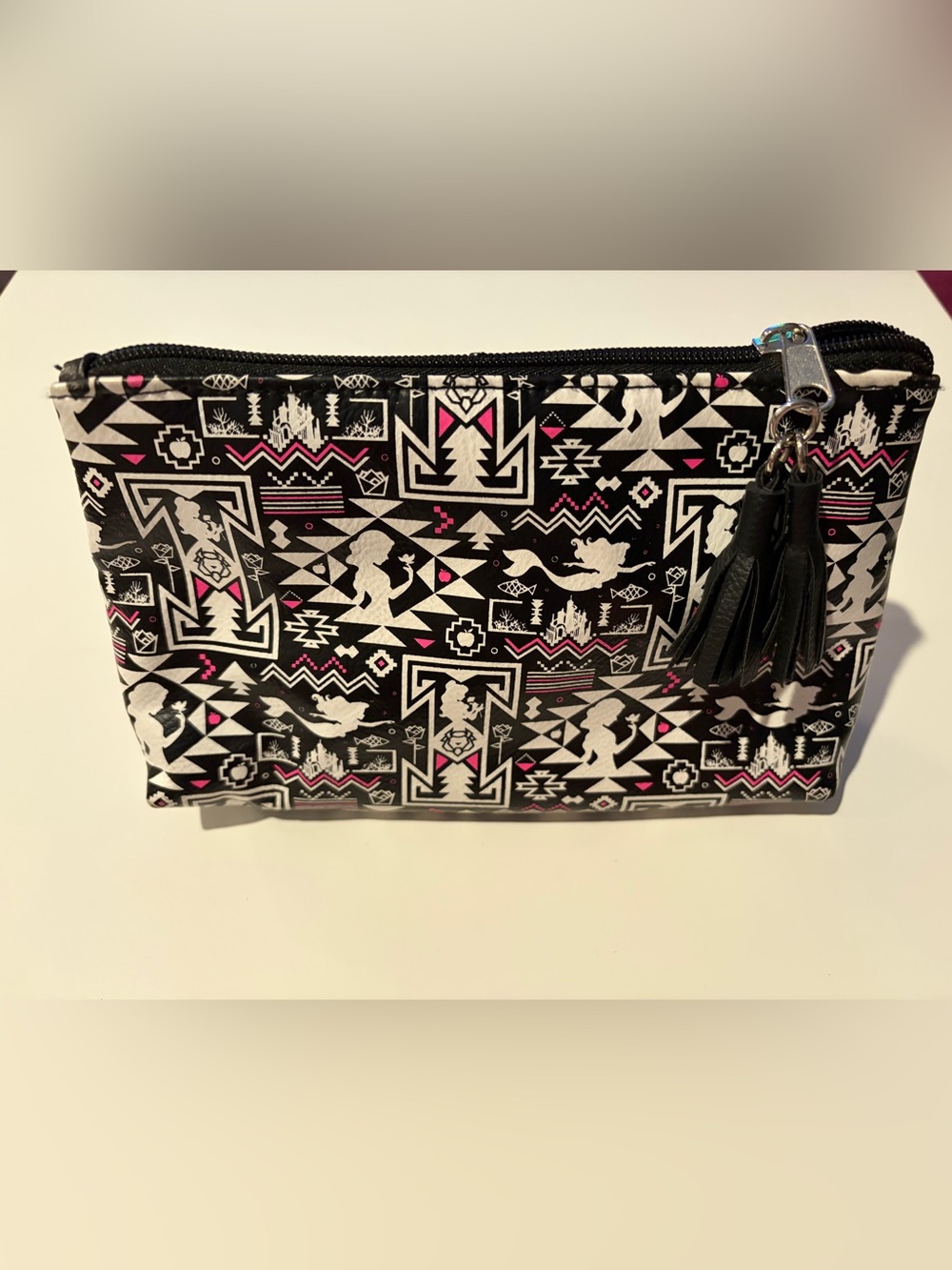 Black & White Disney Princess makeup bag with tassels. Disney loungefly.